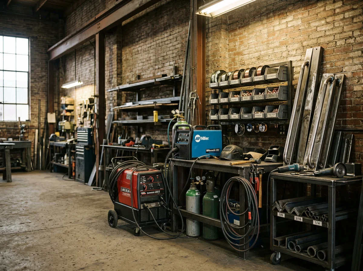 Metal fabrication shop with welding equipment, steel materials, and finished handrail components ready for installation.