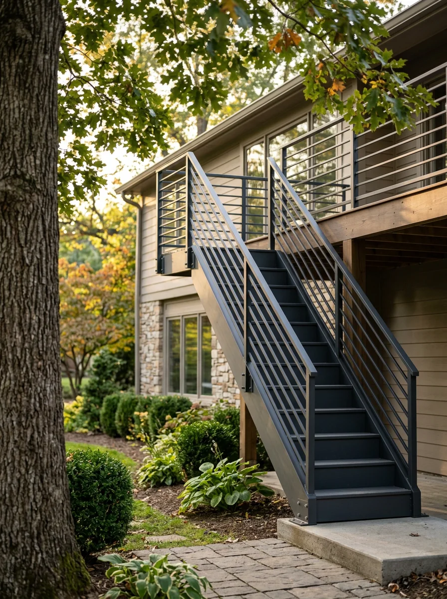Exterior metal stair system with powder-coated steel handrails on a split-level residential property in Brentwood, Tennessee, surrounded by mature trees.