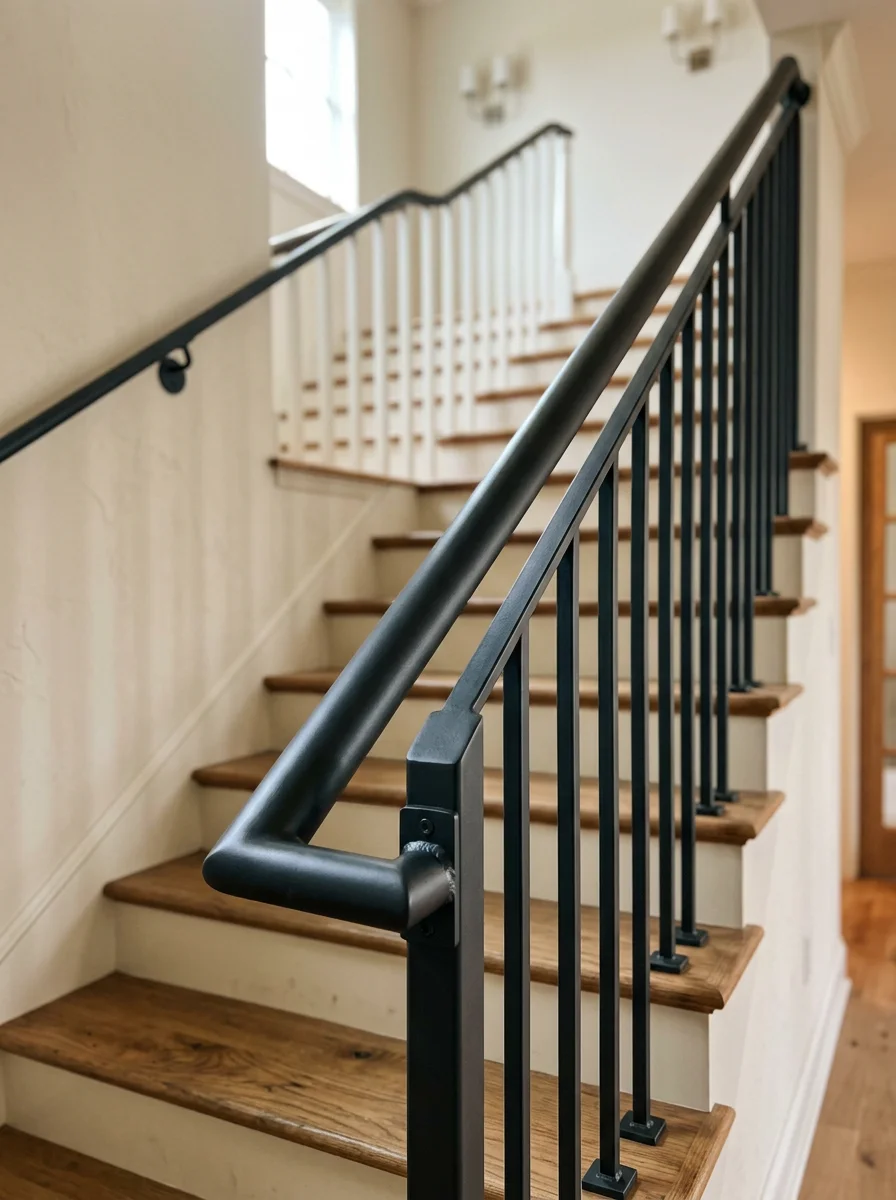 Steel handrail and baluster system on a two-story residential staircase in a Franklin, Tennessee subdivision home, showing clean welds and a dark powder-coated finish.