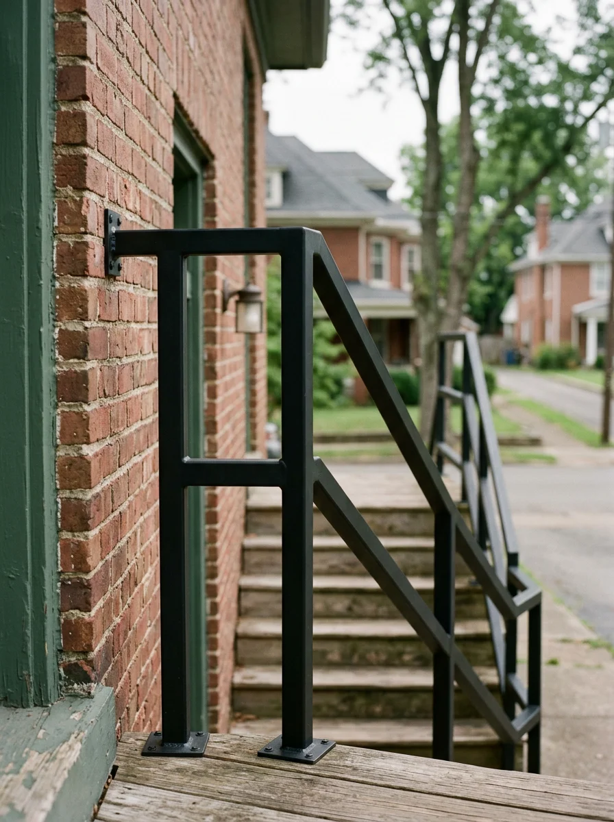 Replacement metal handrail on an exterior stair of an older mid-century home near the Gallatin, Tennessee historic square, showing a clean powder-coated finish on a narrow stair run.