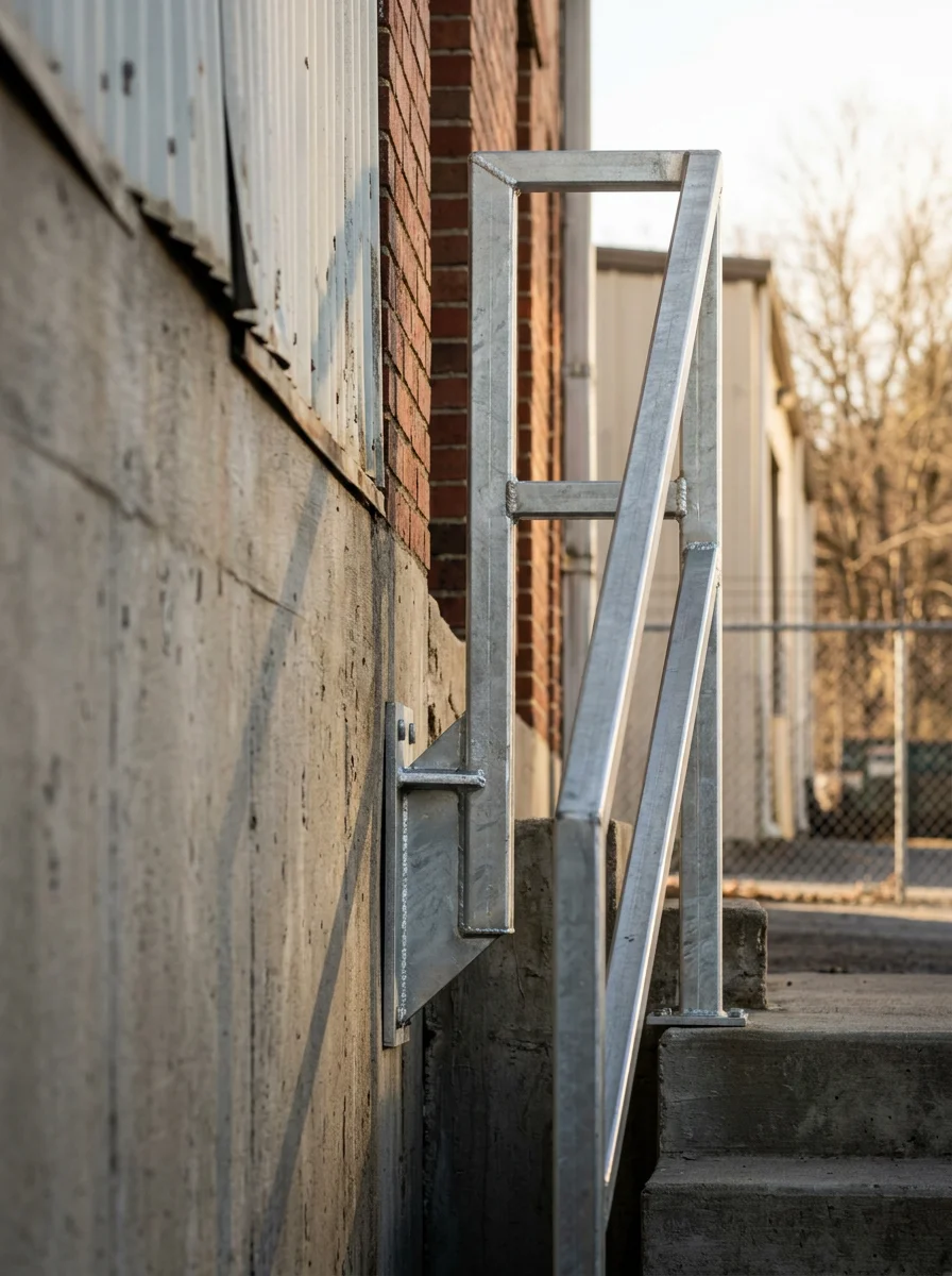 Commercial metal stair handrail on a light industrial property along the Dickerson Pike corridor in Goodlettsville, Tennessee, showing a galvanized steel finish and welded post brackets.