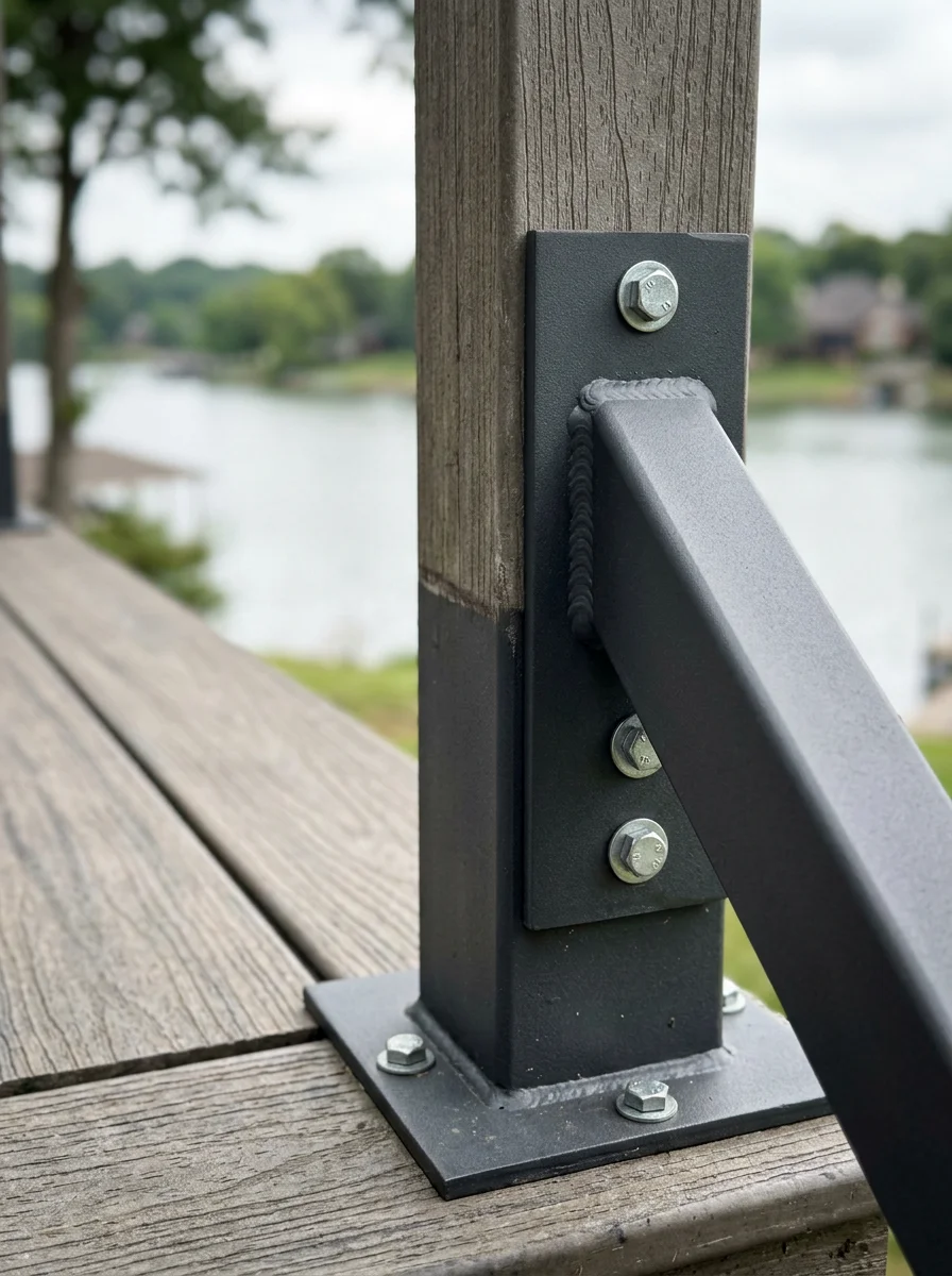 Welded steel post base and handrail bracket on a multi-level deck in Hendersonville, showing a powder-coated finish on a residential property near Old Hickory Lake.
