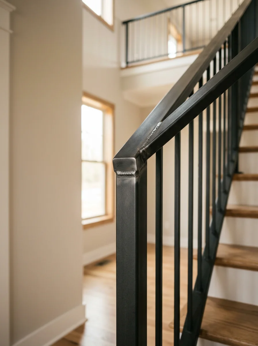 Interior steel stair handrail in a two-story Mount Juliet, Tennessee subdivision home near Providence Marketplace, showing clean welds and a dark matte finish.