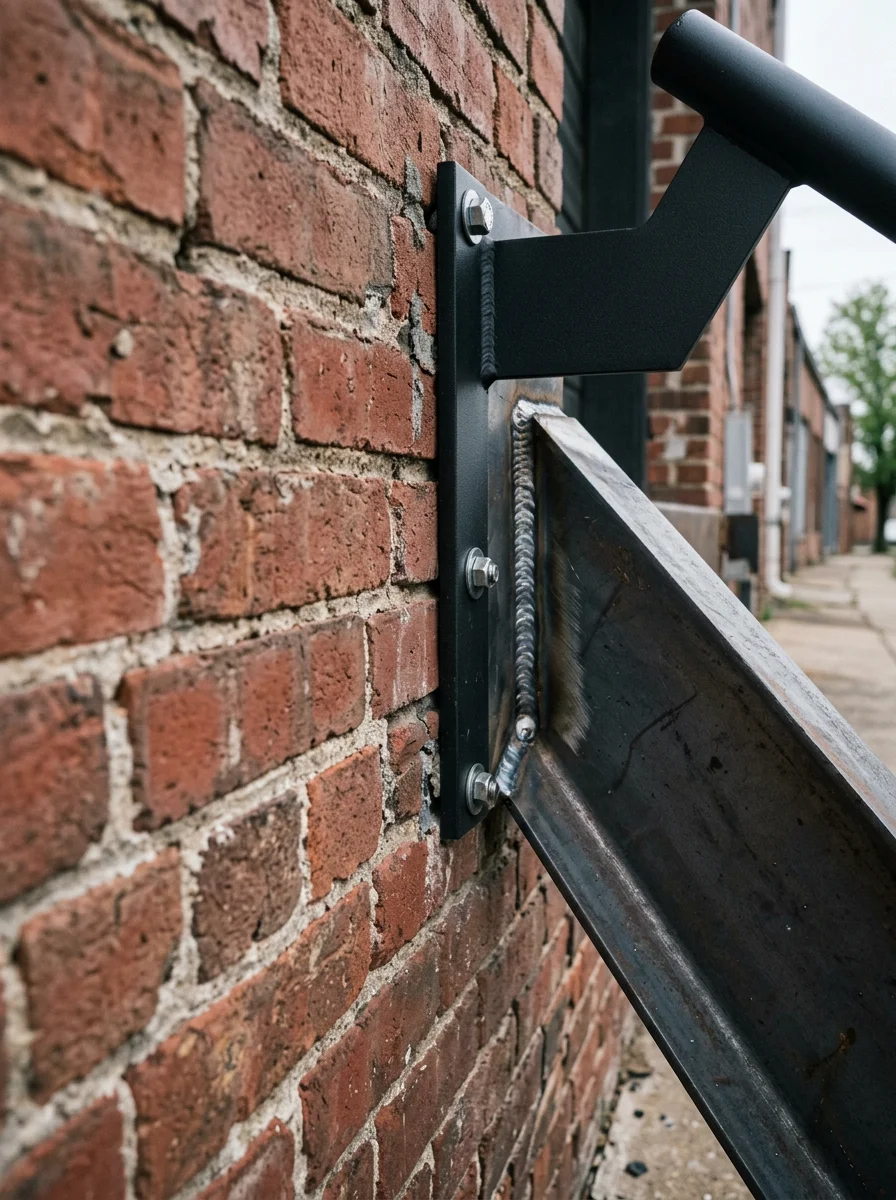 Close-up of a welded metal stair stringer and handrail bracket on a commercial property in Nashville, showing clean weld seams and a powder-coated finish.