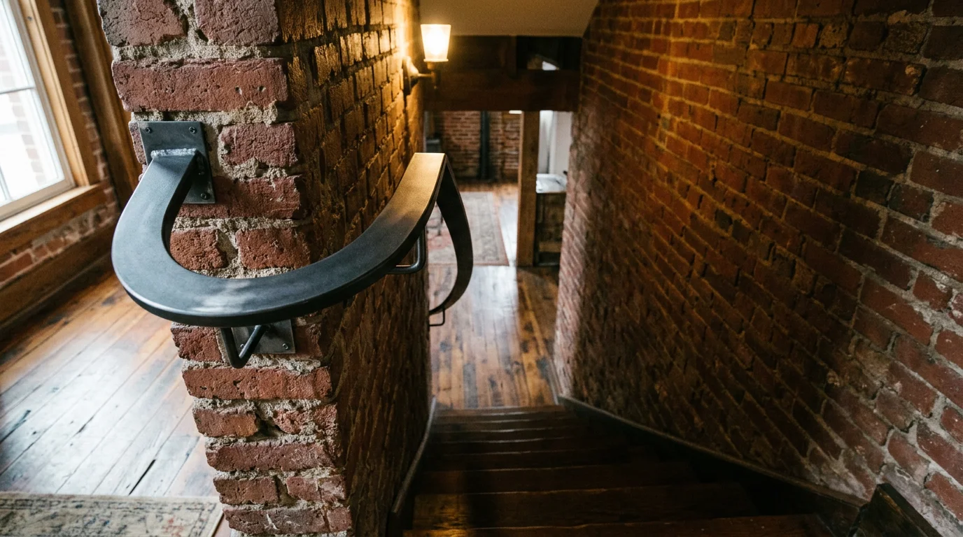Custom steel handrail installed on an interior staircase in a Nashville residential property, with exposed brick walls typical of Germantown-era construction.