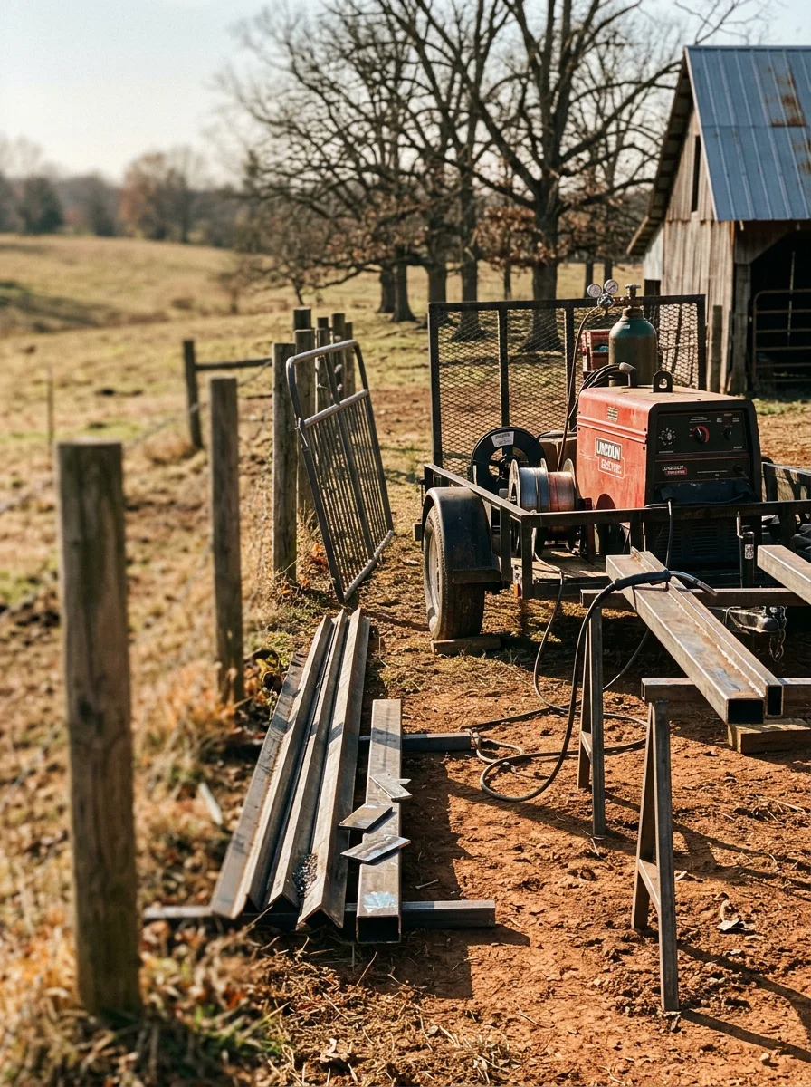 Mobile welding setup at a rural Robertson County property near Springfield, Tennessee, with a fabricated farm gate and structural metal components being welded on-site.