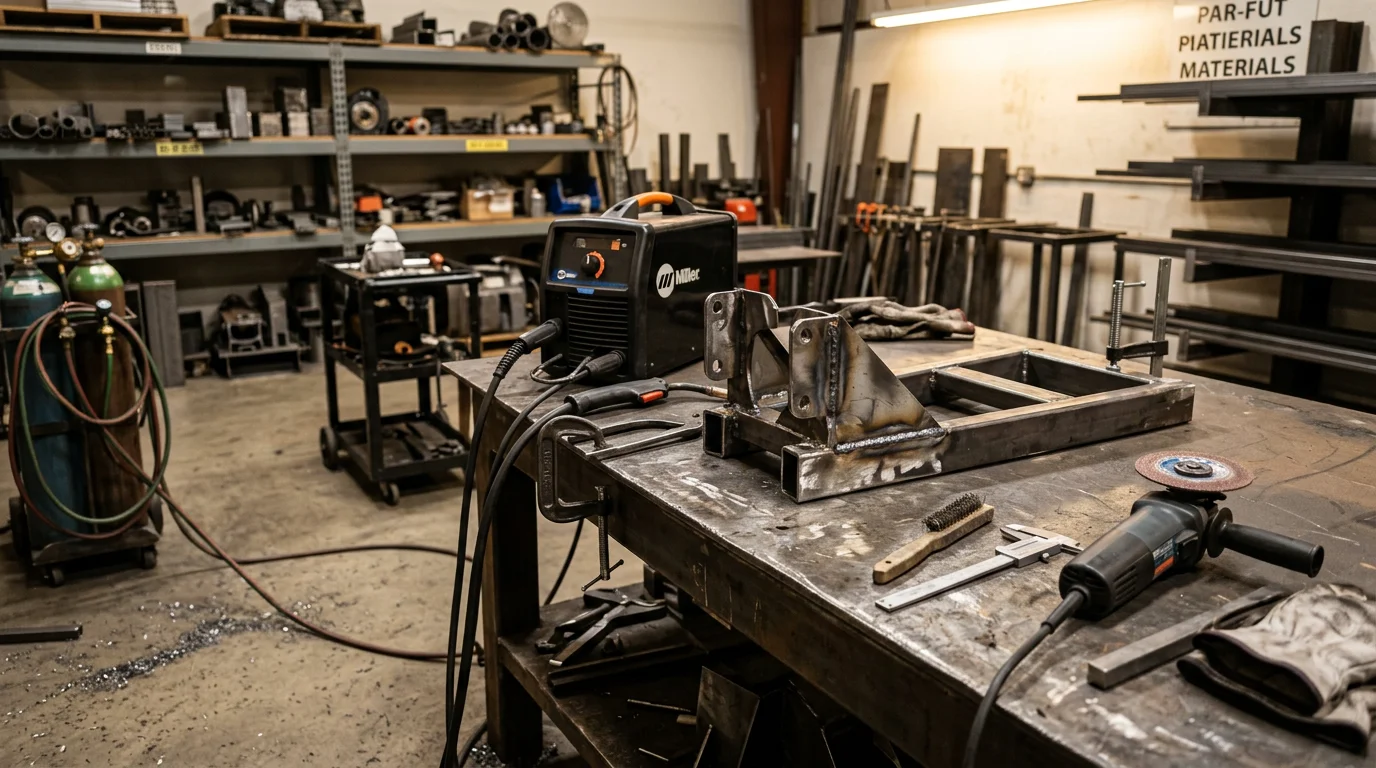 A metal frame or structural component being repaired at a metalworking shop in the Nashville, Tennessee area. The repaired section shows clean, solid workmanship on a piece that had visible cracking or corrosion damage.