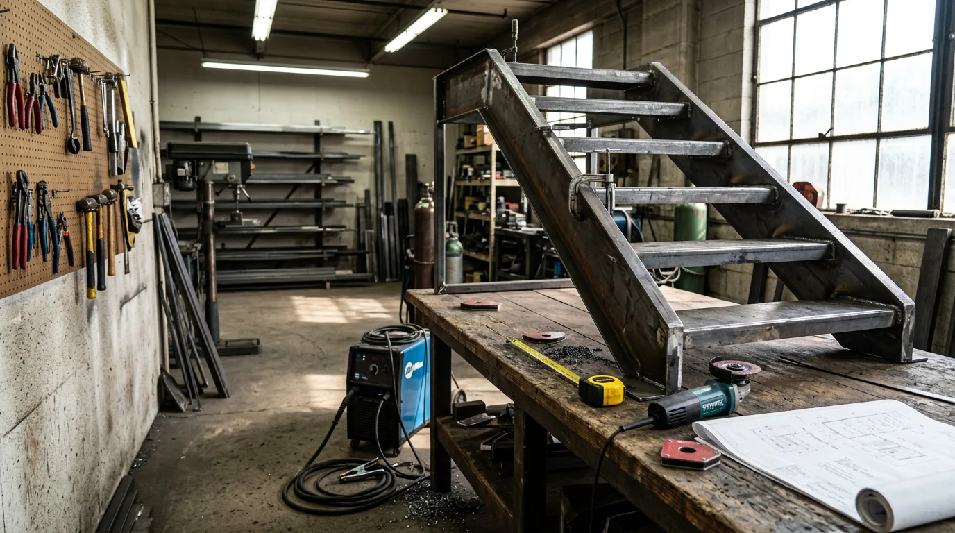 Custom fabricated metal staircase installed at a residential property in Nashville, Tennessee, showing welded steel stringers and open-tread construction. Exterior view with deck framing visible in the background.
