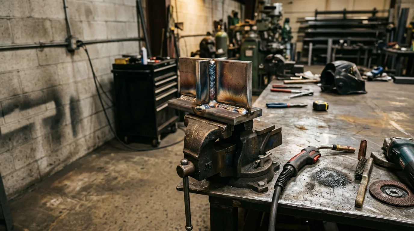 A metal welder producing a clean, fused joint on a steel component inside a Nashville-area metalworking shop. The finished weld shows a smooth, solid seam ready for use in a residential or commercial application.