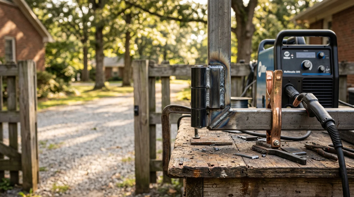 A welder working on a metal gate frame at a residential property in the Nashville area. Welding equipment is set up on-site with a repaired steel hinge and fence post visible in the foreground.