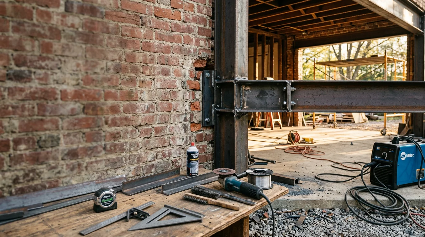 A metalworker from Accurate Fabrication performing on-site metal fitting and installation at a Nashville-area property. Metal components are being worked on in place, with the surrounding structure visible in the background.
