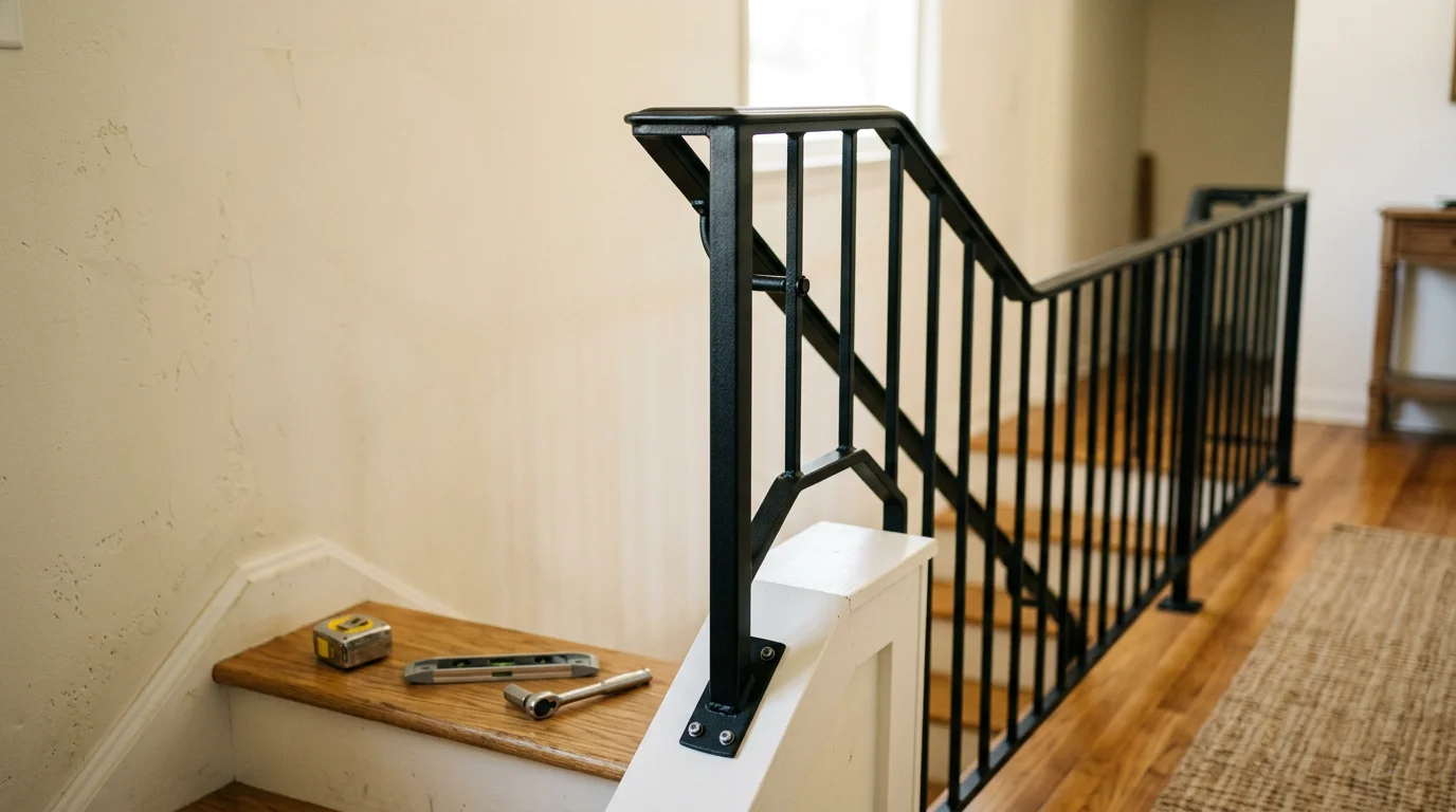 A newly installed metal stair railing on an interior staircase inside a Nashville-area home. The railing runs the full length of the stairs with clean, secure mounting at the base and wall.